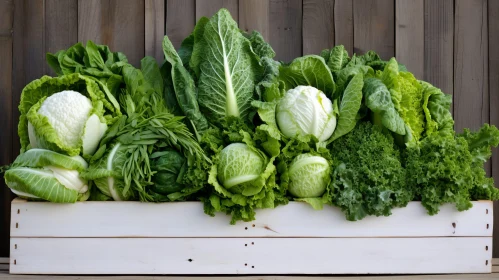 Fresh Green Leafy Vegetables in Wooden Box