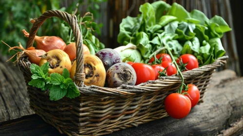 Freshly-Harvested Vegetable Basket on Wooden Table