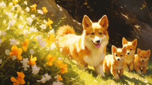 Happy Corgi Dog Family in Flower Field