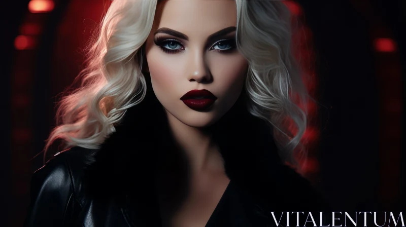 Serious Woman Portrait with Dark Eyes and Red Lips AI Image