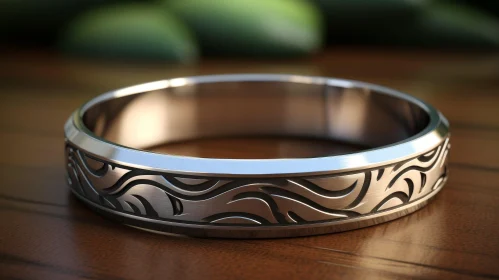 Silver Ring Wave Pattern 3D Rendering on Wooden Surface