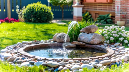 Tranquil Garden with Stone Fountain and Pond