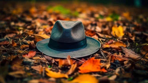 Autumn Forest Elegance: Gray Fedora Hat on Fallen Leaves