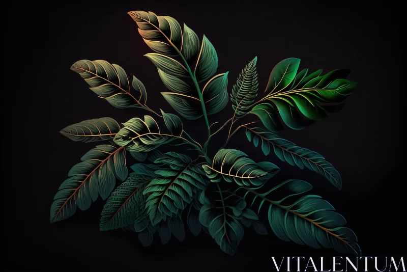 Dark Drawing of Beautiful Tropical Leaves in Luminous 3D Style AI Image