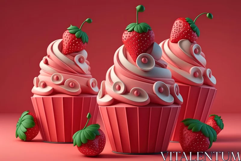 Delicious 3D Cupcakes with Strawberry | Vibrant Cartoon Abstraction AI Image