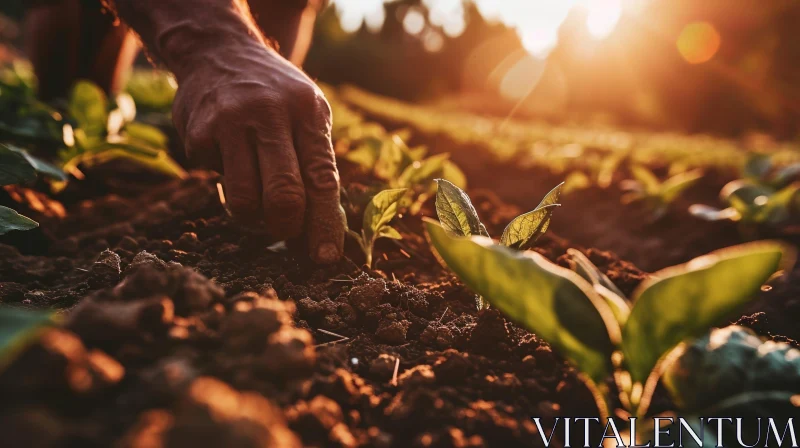Farmer Planting Tobacco Seedling in Dry Soil AI Image