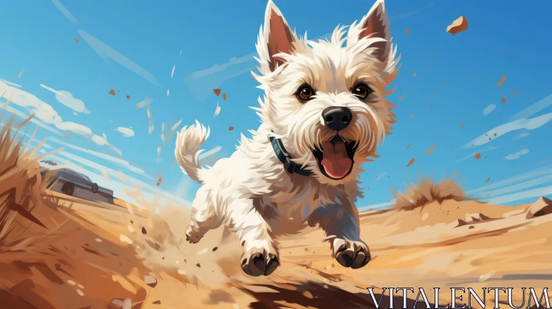 Happy White Dog Running in Sandy Area Under Blue Sky AI Image