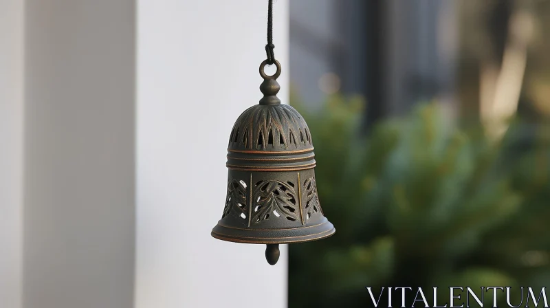 Intricate Copper Bell Hanging Against Green Foliage AI Image