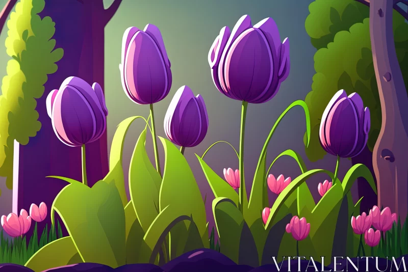 Purple Tulips in Forest - Illustration in 2D Game Art Style AI Image