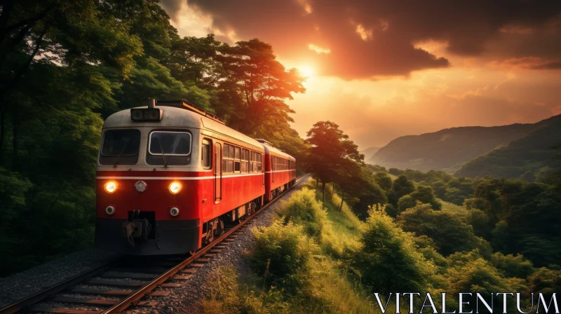 Red and White Train in Lush Green Forest at Sunset AI Image