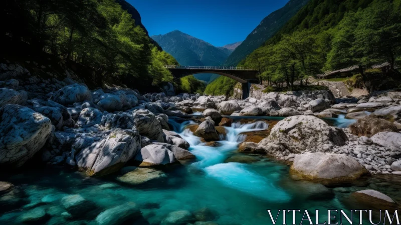 Tranquil Mountain River Landscape with Stone Bridge AI Image