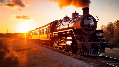 Vintage Steam Locomotive Passenger Train at Sunset