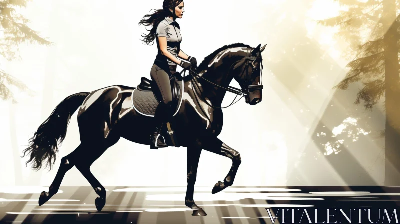 Woman Riding Black Horse in Forest AI Image