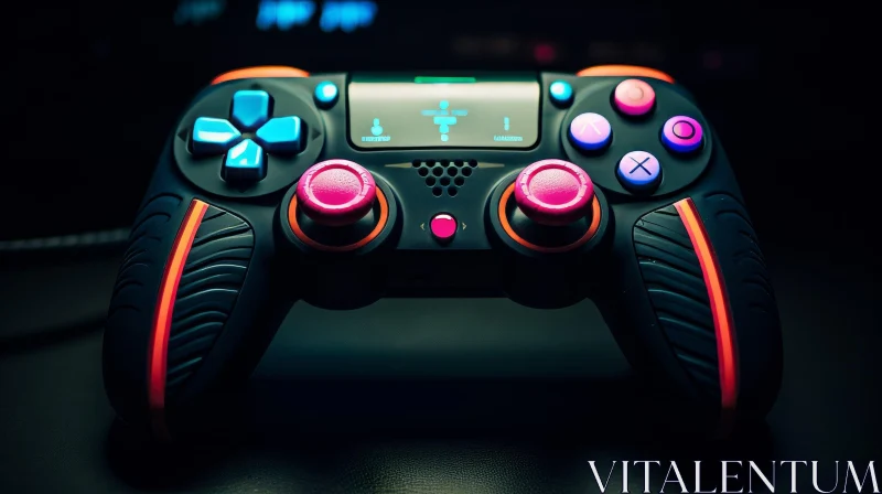 Black Video Game Controller with Blue and Pink Buttons AI Image