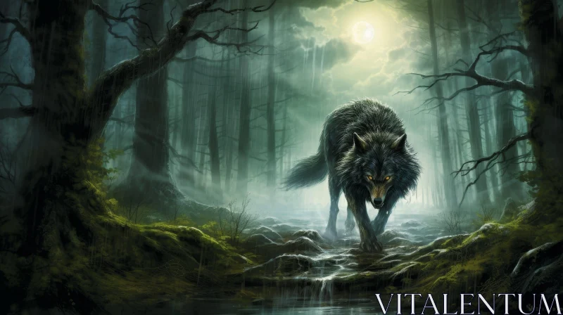 AI ART Black Wolf in Dark Forest Digital Painting