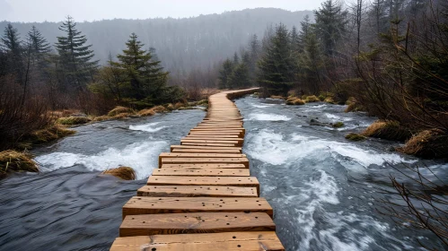 Enchanting Wooden Footbridge Over Rushing River