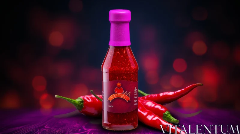 Fiery Hot Sauce Bottle on Wooden Table AI Image
