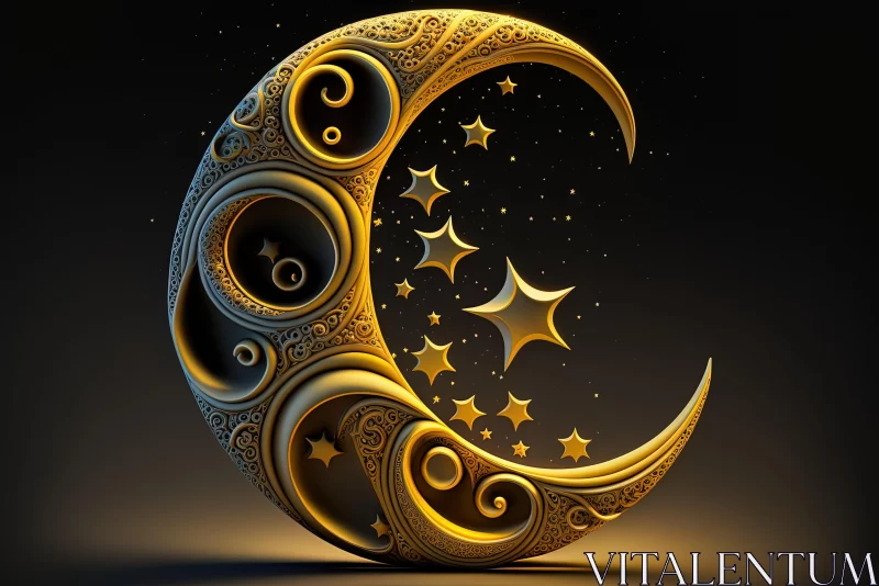 Golden Crescent with Stars - A Captivating Fantasy Illustration AI Image