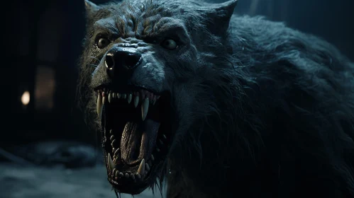 Intense Werewolf Close-up: Snarling Creature with Yellow Eyes