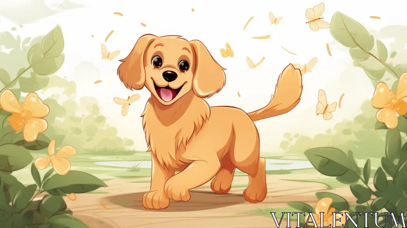 Joyful Golden Retriever Puppy in Flower Field AI Image