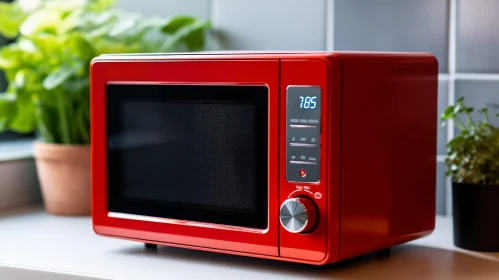Red Microwave Oven on White Kitchen Counter