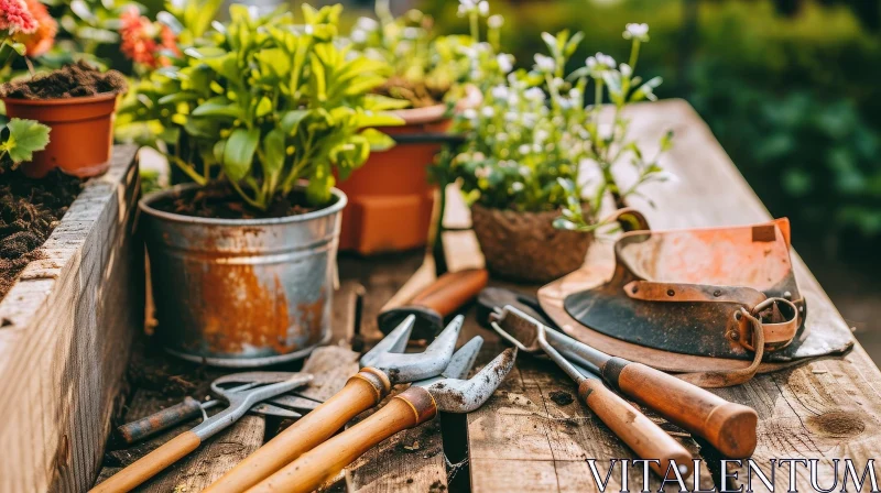 Rustic Wooden Table with Gardening Tools and Plants AI Image
