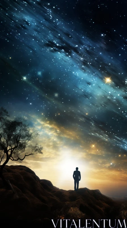 Starry Night Sky Landscape with Man on Hilltop AI Image