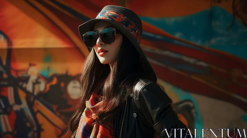 AI ART Stylish Woman in Black Hat and Sunglasses by Colorful Graffiti Wall