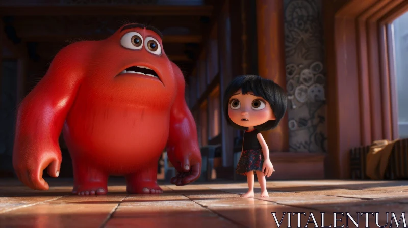 Animated Movie Scene: Red Monster and Human Girl Encounter AI Image