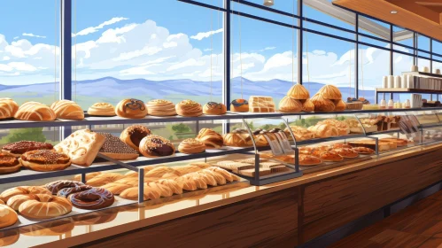 Bakery Display with Bread and Pastries | Warm Decor and Mountain View