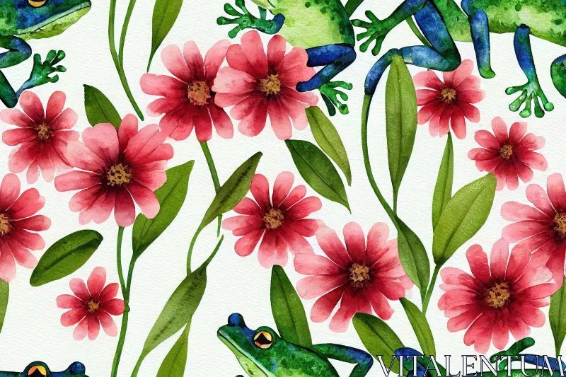 Captivating Watercolor Pattern of Frogs and Flowers on a White Background AI Image