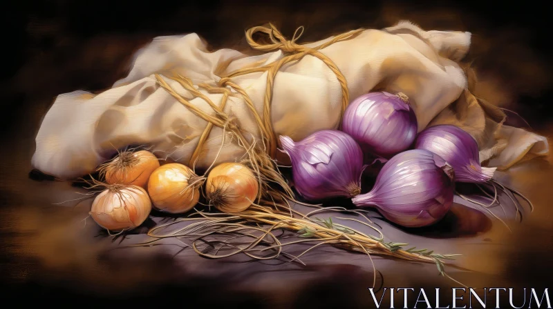 AI ART Dark Still Life: Onions Arrangement on Table