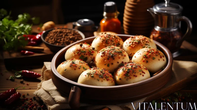 AI ART Delicious Freshly Baked Bread Rolls in Wooden Bowl