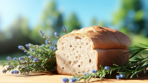 Delicious Sliced Bread with Lavender Flowers and Rosemary on Wooden Table