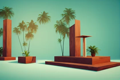 Futuristic Retro Palm Plants and Trees on Wooden Pedestal - Minimalist Stage Design