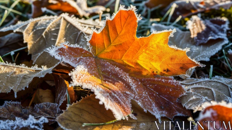 AI ART Orange Maple Leaf Covered in Frost - Nature Close-up