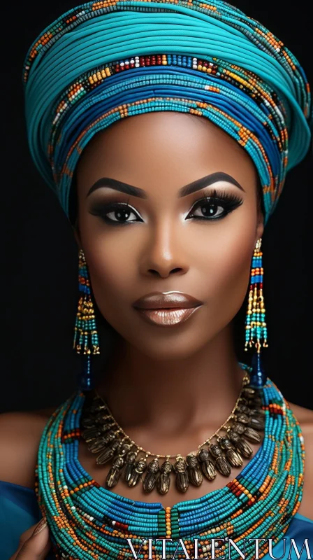 Serious African Woman Portrait in Blue Head Wrap AI Image