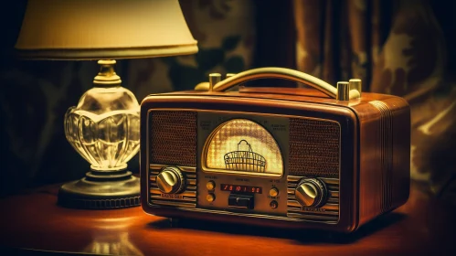 Vintage Style Wooden Radio and Glass Lamp Composition