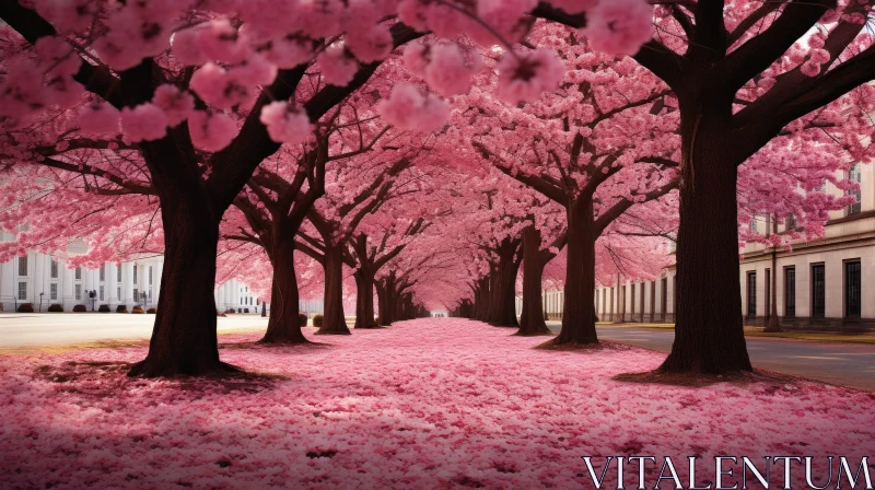 Cherry Blossom Tree-Lined Street in Full Bloom AI Image