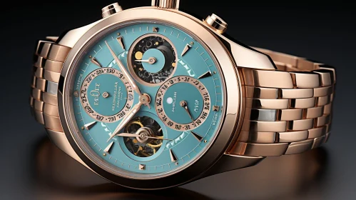 Luxury Rose Gold Wristwatch with Blue Dial