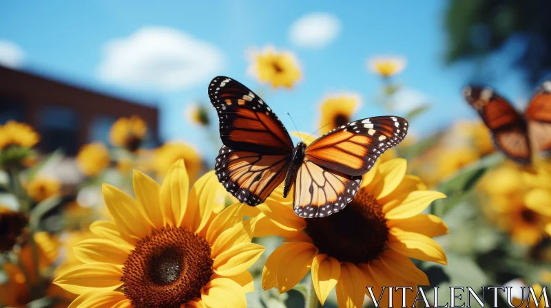 AI ART Monarch Butterfly on Sunflower in Field