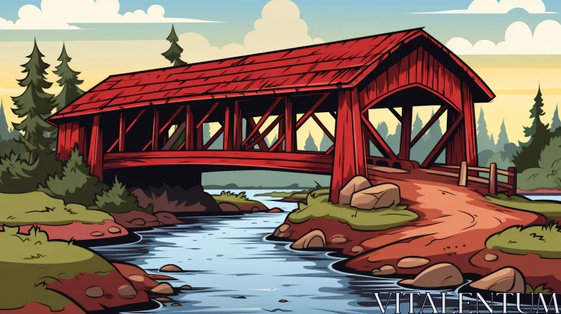 AI ART Red Covered Bridge Vector Illustration