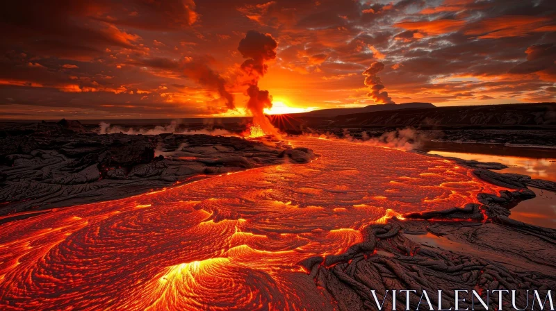Volcano Eruption at Sunset | Lava Flow Nature Image AI Image