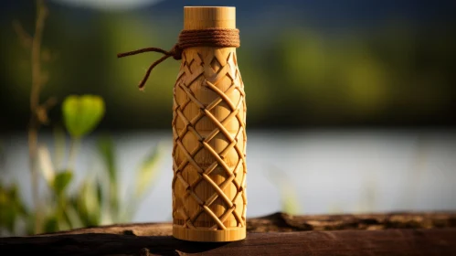 Bamboo Water Bottle With Woven Pattern on Wooden Table