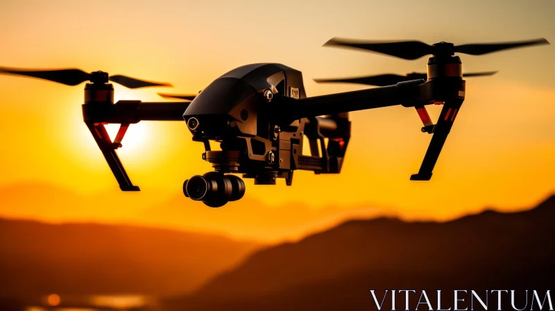 Black Drone Flying in Sunset Sky AI Image