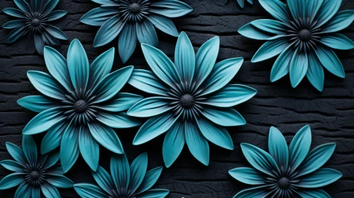 Blue Plastic Flowers on Black Concrete Wall - Abstract 3D Rendering