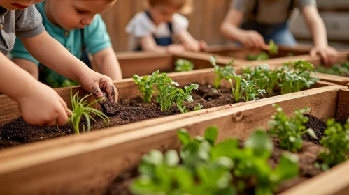 Children Planting Seedlings in Wooden Box - Teamwork Image