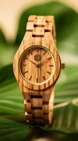 Eco-Friendly Wooden Watch on Green Leaf | Stylish Timepiece