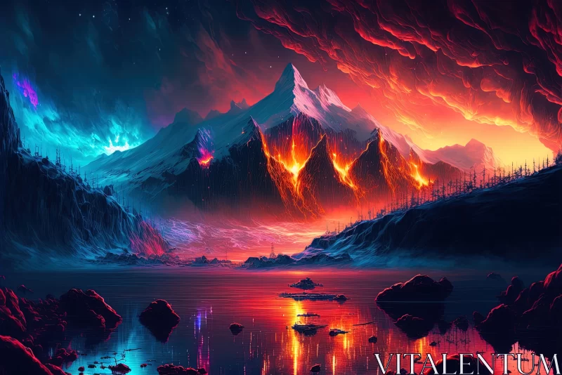 Fiery Landscape: Captivating Mountains and Blazing Flames AI Image