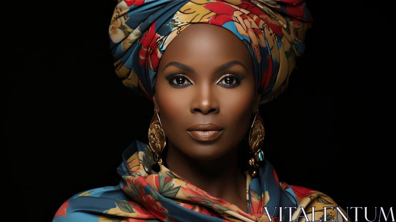 Serious African Woman in Floral Headscarf - Studio Portrait AI Image